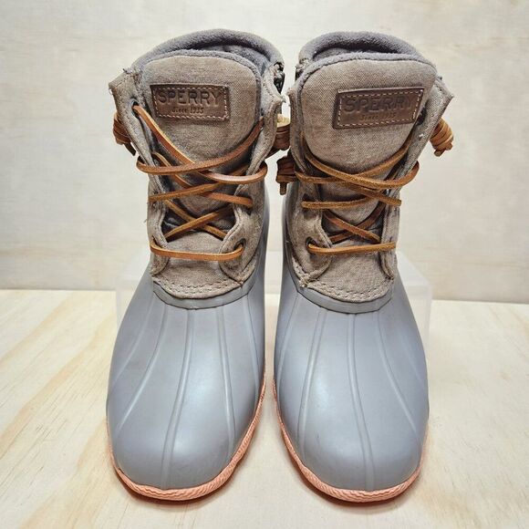 Sperry Saltwater Rain Gray Tan Pink Waterproof Rubber Duck Boot Women's 5.5 - Picture 2 of 10